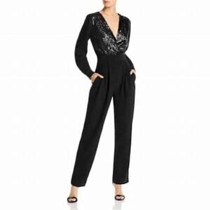 LINI Black Stella Sequin Faux Wrap Surplice Long Sleeve Party Jumpsuit Size XS